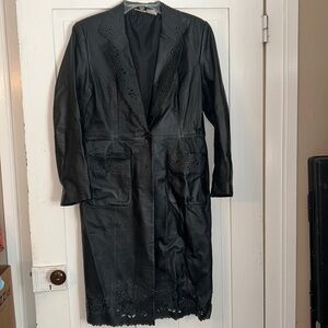 Y2K Womens VTG Black Leather Trench Coat Laser Design Outwear Medium Whimsgoth